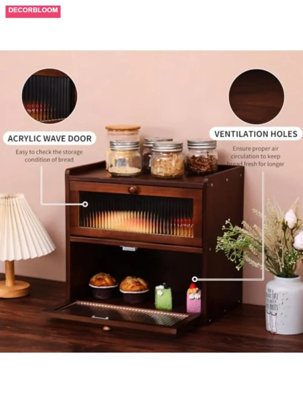 Large Double Layer Wooden Bread Box with Acrylic Window for Kitchen Counter